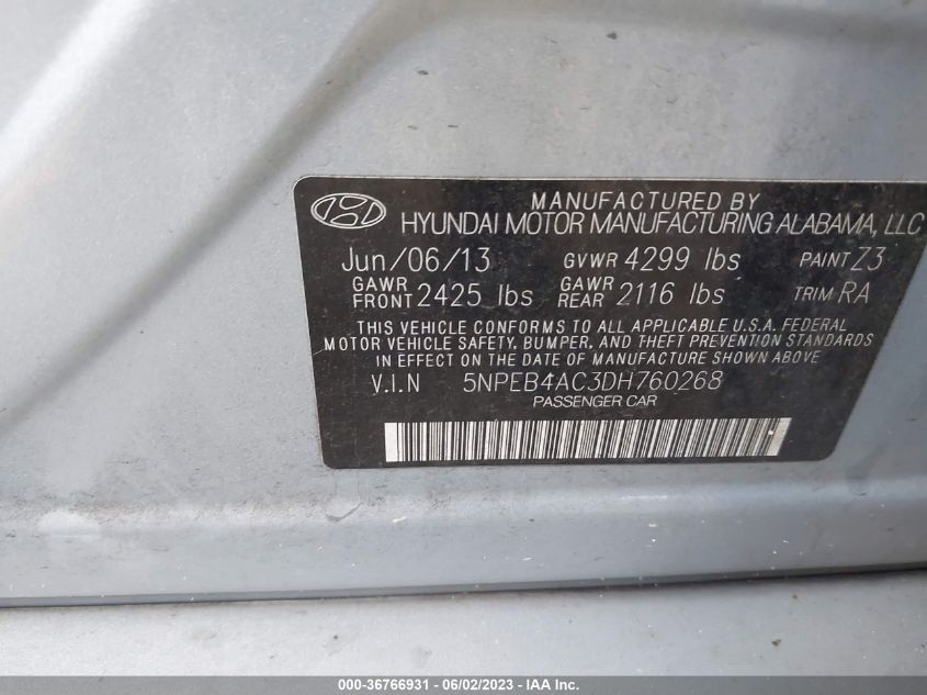 VIN 5NPEB4AC3DH760268 2013 HYUNDAI SONATA no.9