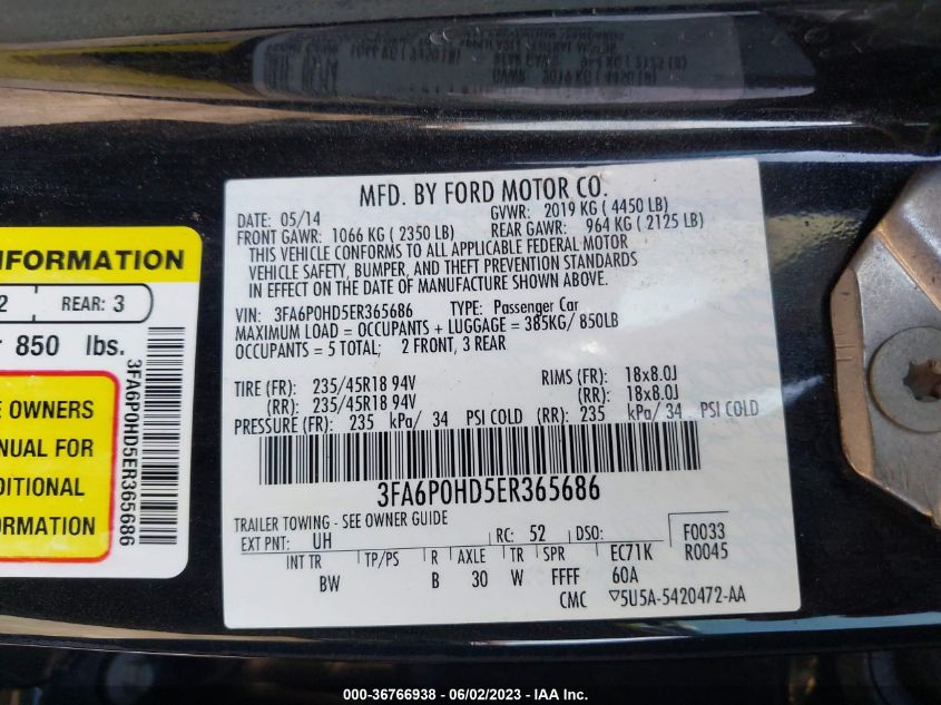 2014 FORD FUSION SE - 3FA6P0HD5ER365686