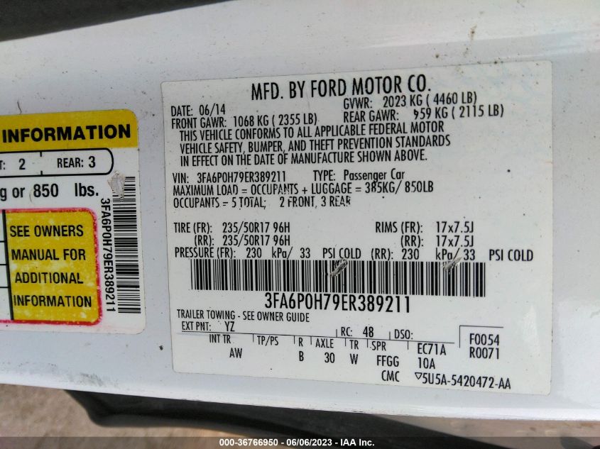 2014 FORD FUSION SE - 3FA6P0H79ER389211