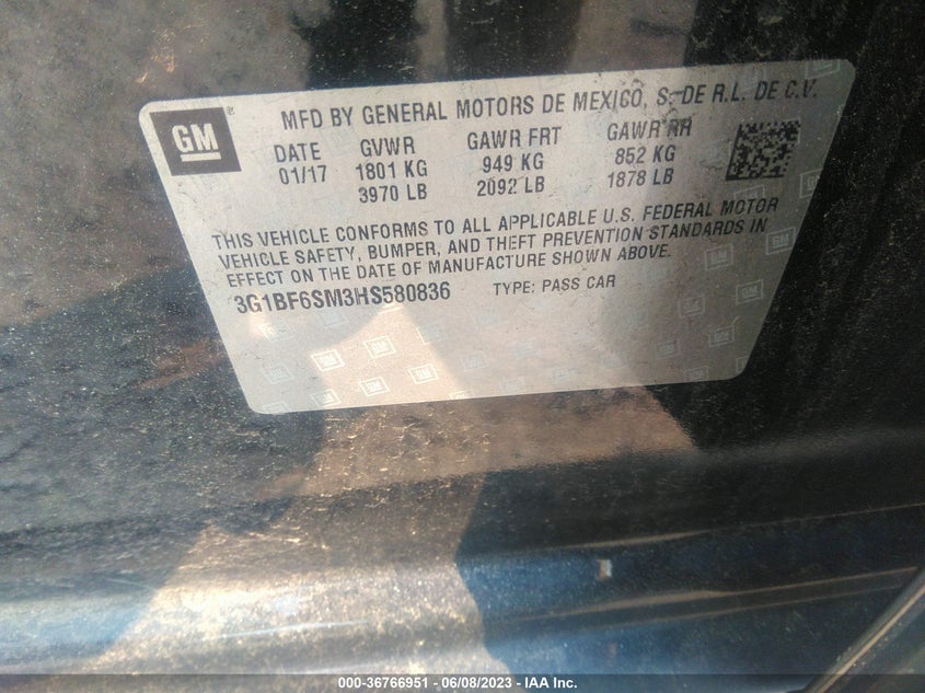 VIN 3G1BF6SM3HS580836 2017 CHEVROLET CRUZE PREMIER