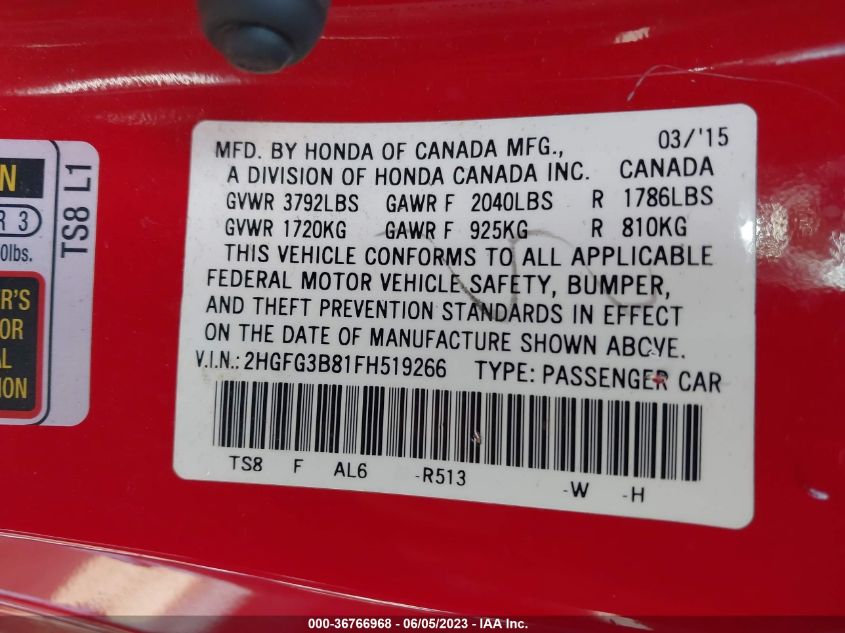 2015 HONDA CIVIC COUPE EX - 2HGFG3B81FH519266