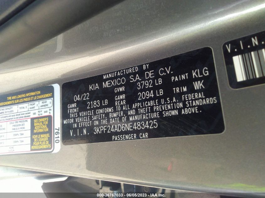 2022 KIA FORTE LXS - 3KPF24AD6NE483425