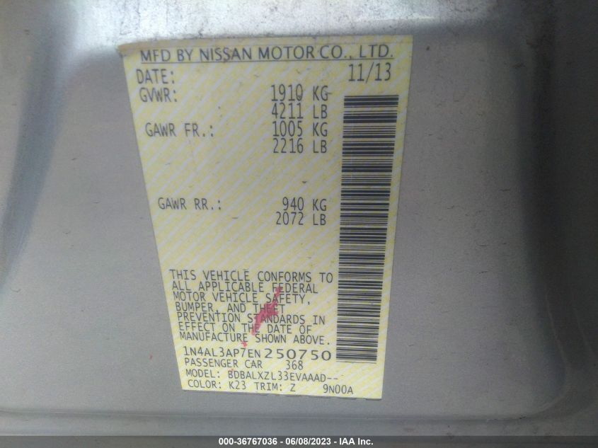 2014 NISSAN ALTIMA 2.5 SL - 1N4AL3AP7EN250750