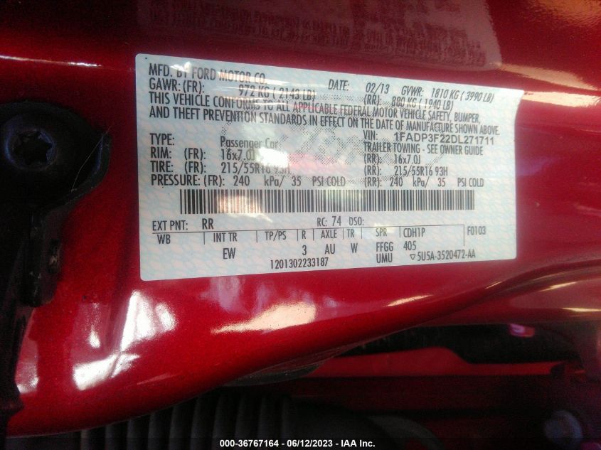2013 FORD FOCUS SE - 1FADP3F22DL271711