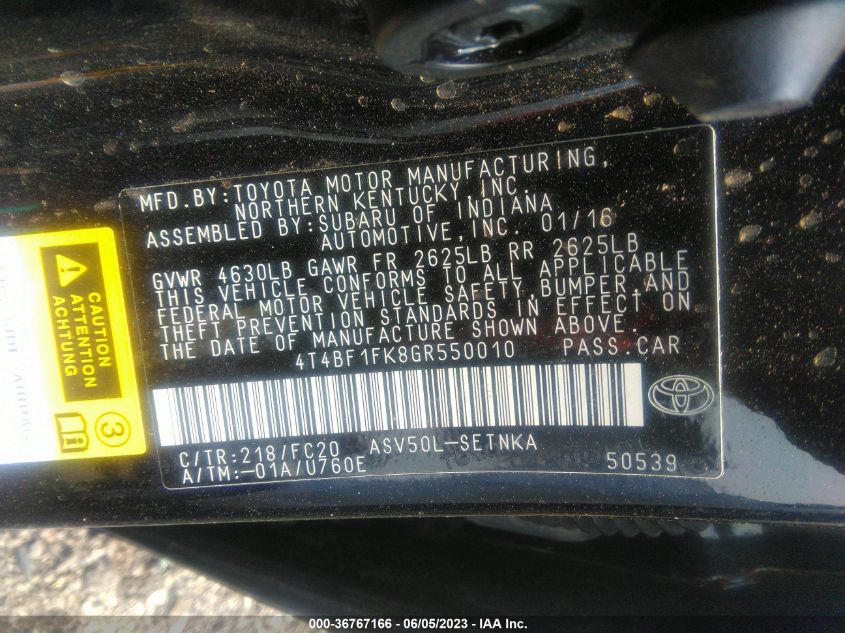 2016 TOYOTA CAMRY XLE/SE/LE/XSE - 4T4BF1FK8GR550010