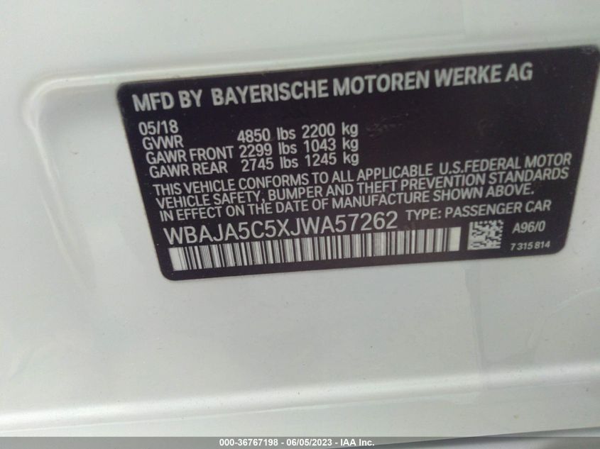 2018 BMW 5 SERIES 530I - WBAJA5C5XJWA57262