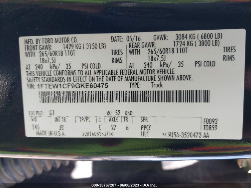 2016 FORD F-150 XL/LARIAT - 1FTEW1CF9GKE60475