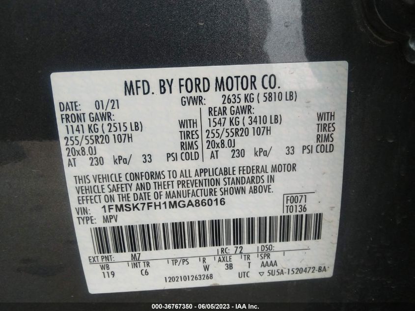 2021 FORD EXPLORER LIMITED - 1FMSK7FH1MGA86016