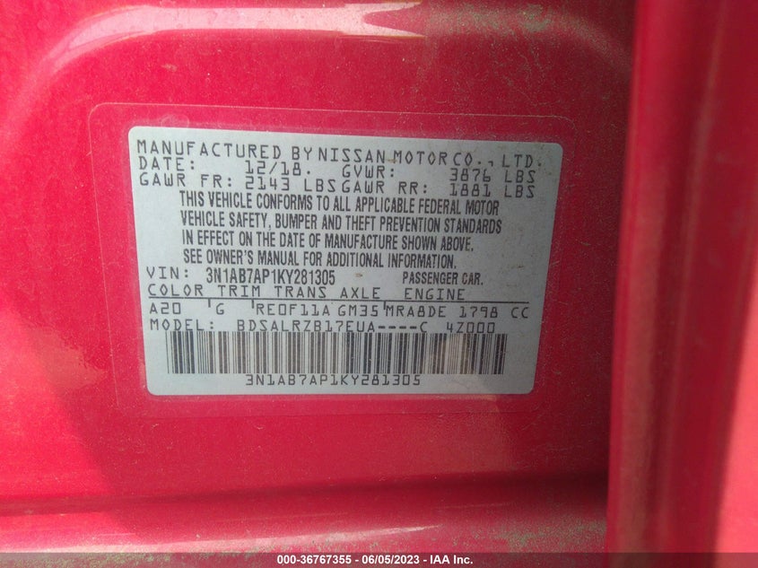 VIN 3N1AB7AP1KY281305 2019 NISSAN SENTRA S/SV/SR/SL