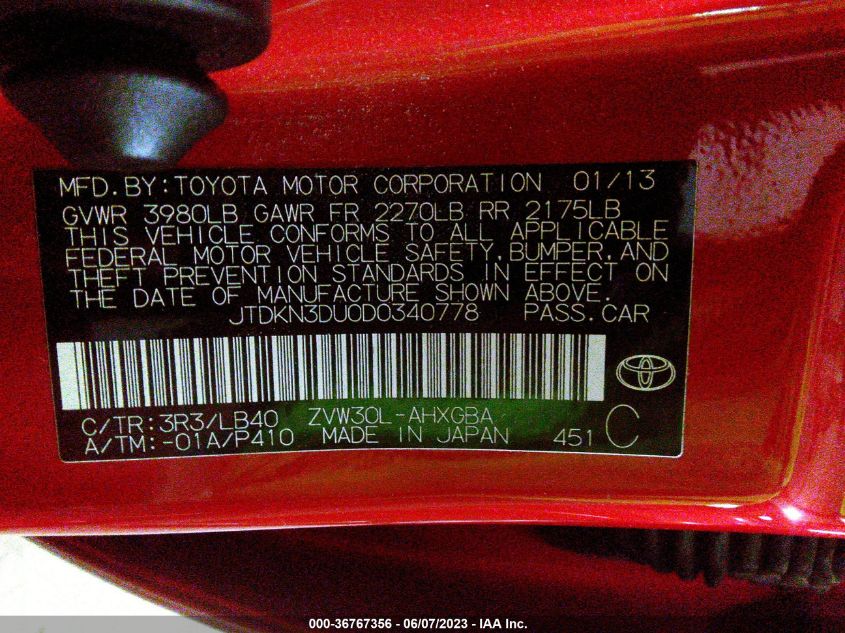 2013 TOYOTA PRIUS ONE/TWO/THREE/FOUR/FIVE - JTDKN3DU0D0340778