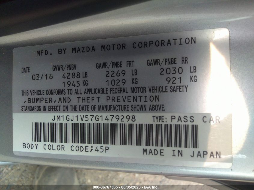 2016 MAZDA MAZDA6 I TOURING - JM1GJ1V57G1479298