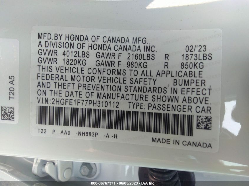 2023 HONDA CIVIC SEDAN EX - 2HGFE1F77PH310112