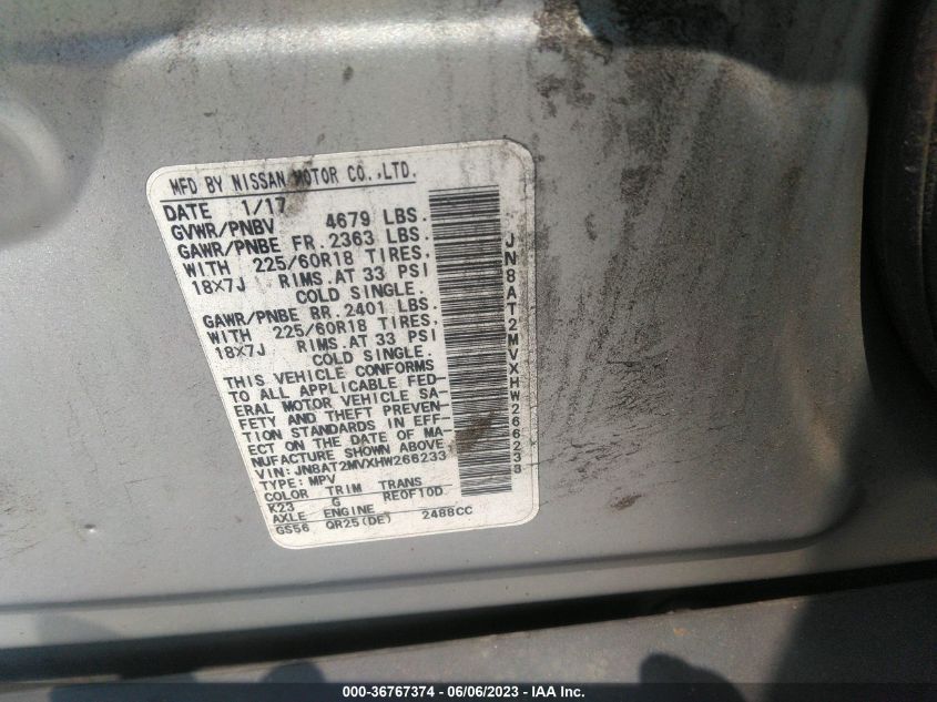 2017 NISSAN ROGUE SL - JN8AT2MVXHW266233