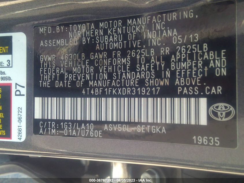 2013 TOYOTA CAMRY L/LE/SE/XLE - 4T4BF1FKXDR319217