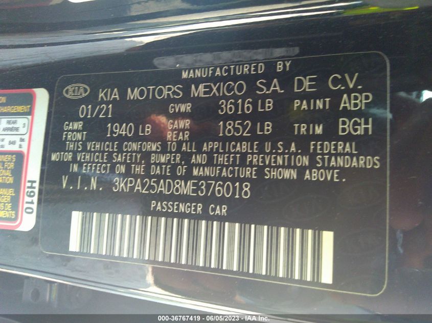 2021 KIA RIO 5-DOOR S 3KPA25AD8ME376018