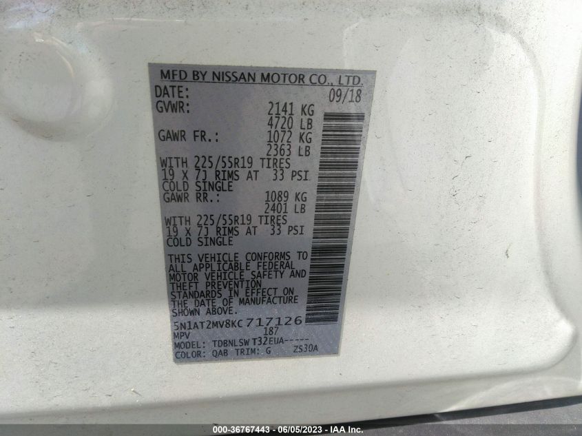 2019 NISSAN ROGUE S/SL/SV - 5N1AT2MV8KC717126