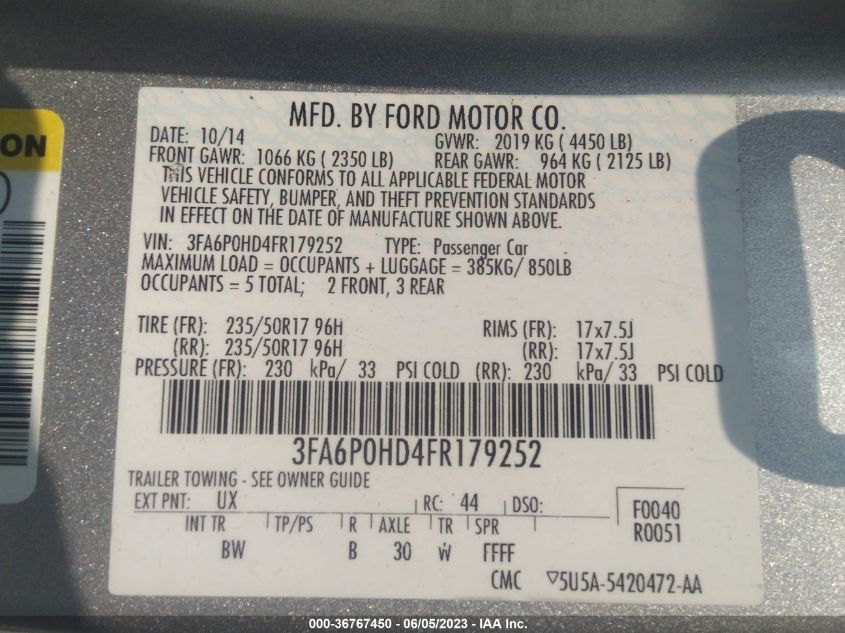 2015 FORD FUSION SE - 3FA6P0HD4FR179252