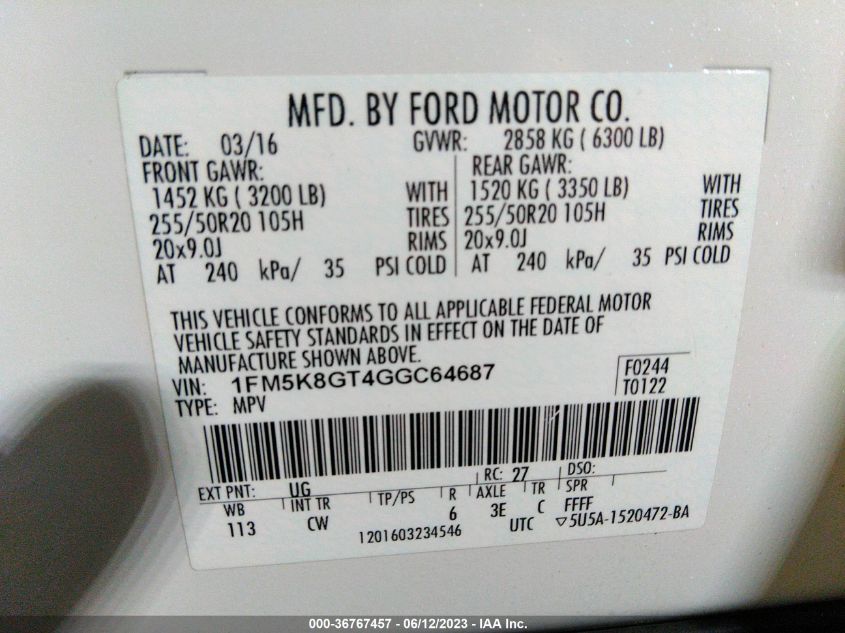 2016 FORD EXPLORER SPORT - 1FM5K8GT4GGC64687