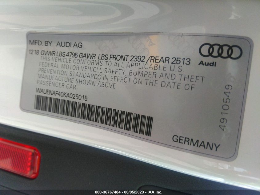 2019 AUDI A4 PREMIUM PLUS - WAUENAF40KA029015