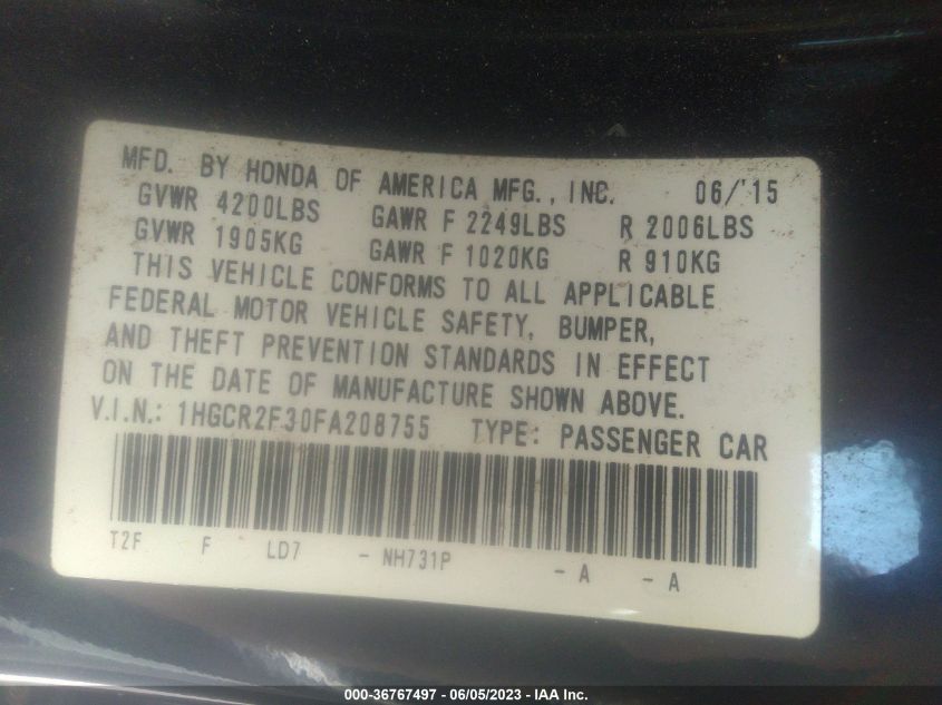 2015 HONDA ACCORD SEDAN LX - 1HGCR2F30FA208755
