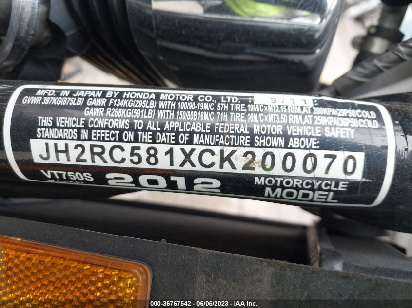 2012 HONDA VT750 S JH2RC581XCK200070