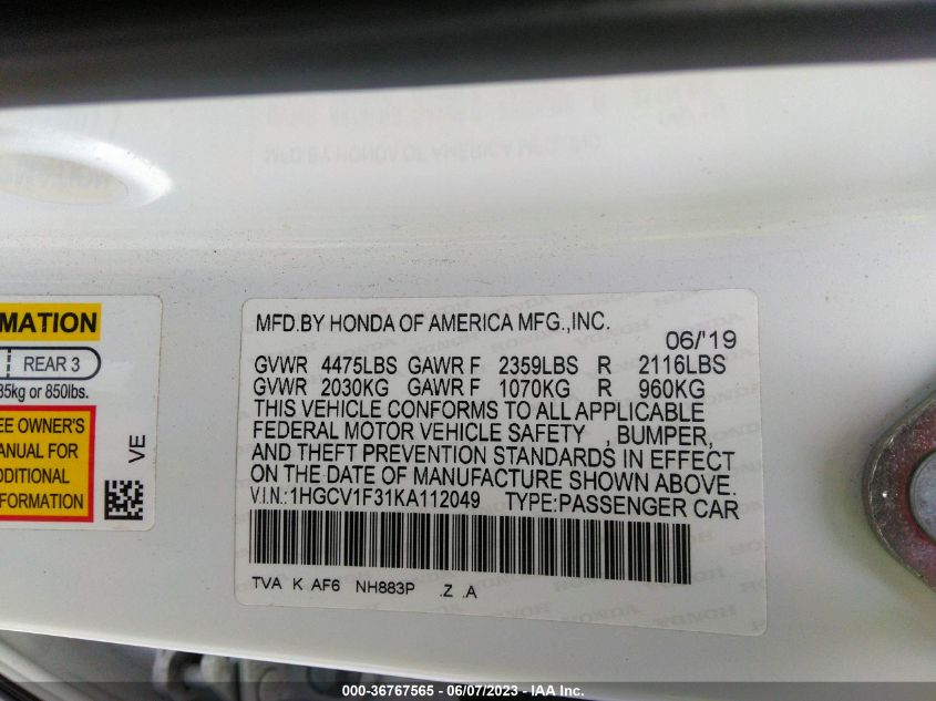 2019 HONDA ACCORD SEDAN SPORT 1.5T - 1HGCV1F31KA112049
