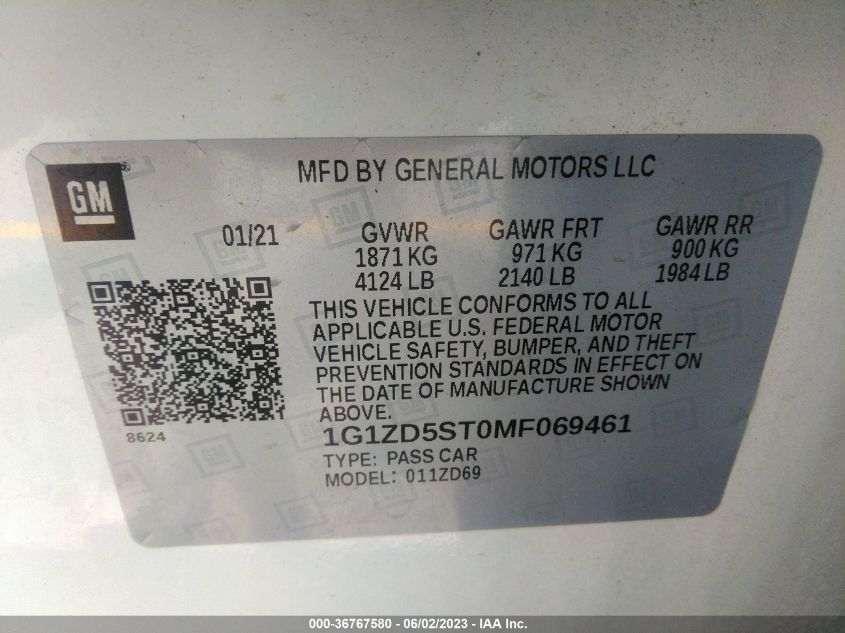 2021 CHEVROLET MALIBU LT - 1G1ZD5ST0MF069461