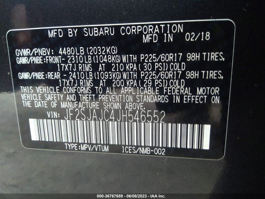 2018 SUBARU FORESTER 2.5I LIMITED - JF2SJAJC4JH546552