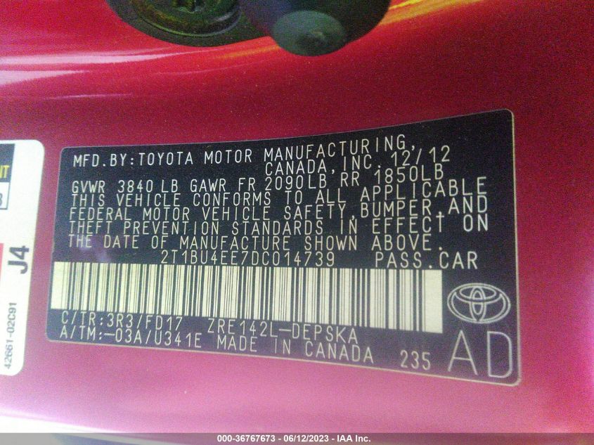 2013 TOYOTA COROLLA L/LE/S - 2T1BU4EE7DC014739