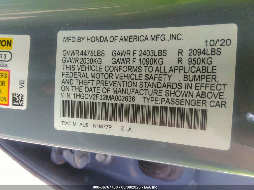 2021 HONDA ACCORD SEDAN SPORT - 1HGCV2F32MA002636