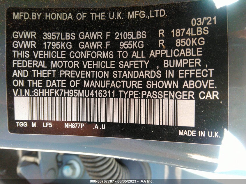 VIN SHHFK7H95MU416311 2021 HONDA CIVIC HATCHBACK SPORT TOURING