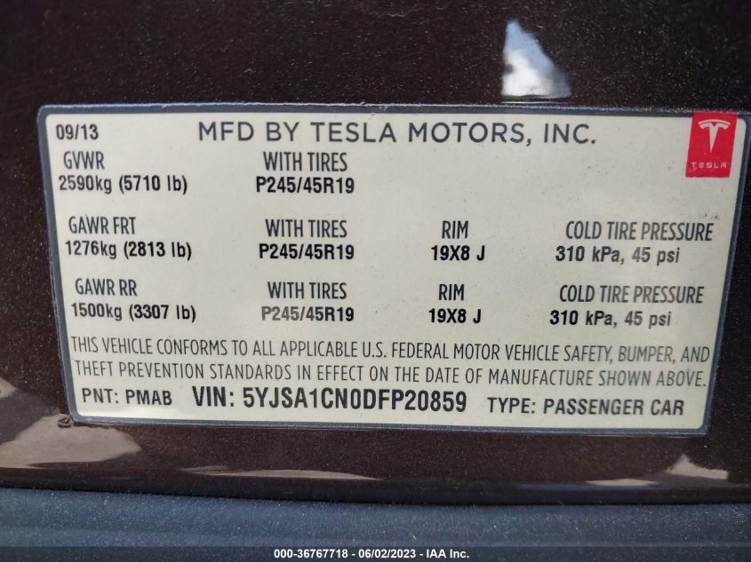 2013 TESLA MODEL S - 5YJSA1CN0DFP20859