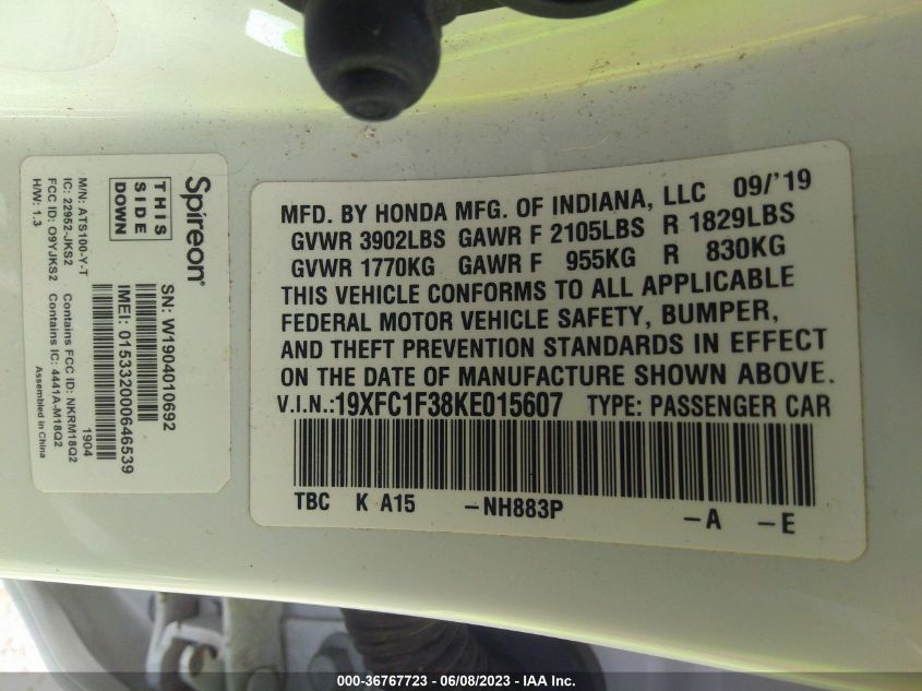 2019 HONDA CIVIC SEDAN EX - 19XFC1F38KE015607