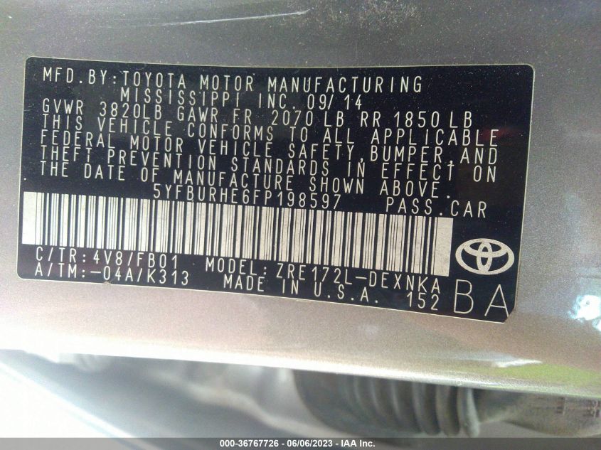 2015 TOYOTA COROLLA L/LE/S/S PLUS/LE PLUS - 5YFBURHE6FP198597