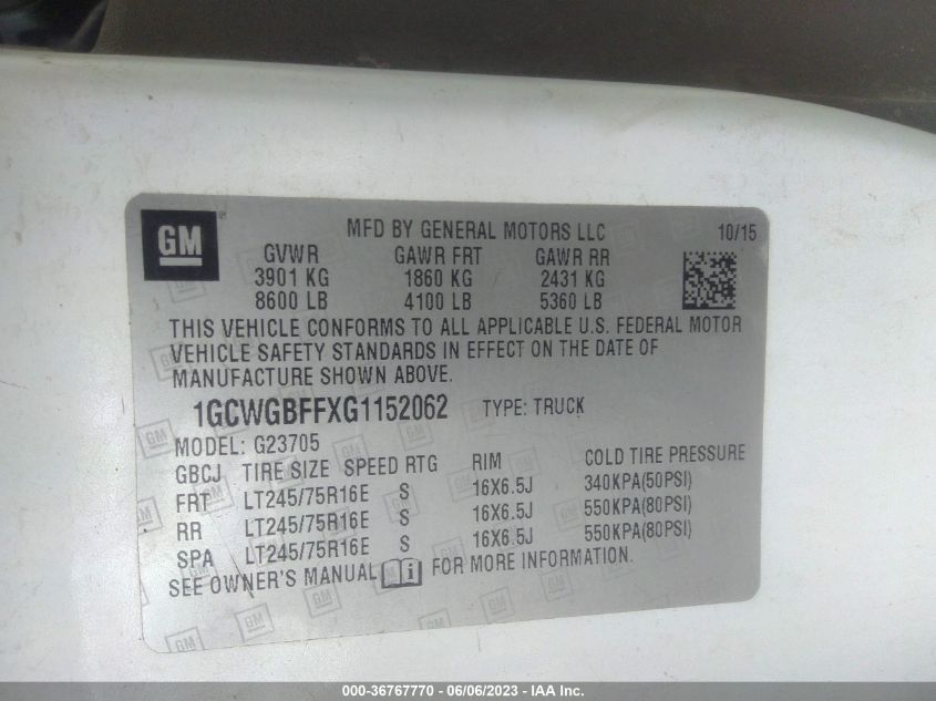 2016 CHEVROLET EXPRESS CARGO VAN - 1GCWGBFFXG1152062