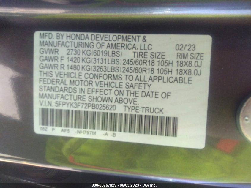 2023 HONDA RIDGELINE 3.5L 24V SOHC I-VTEC(VIN: 5FPYK3F72PB025620
