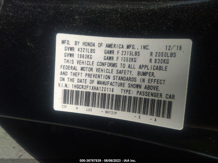 2017 HONDA ACCORD SEDAN SPORT SE - 1HGCR2F1XHA120118