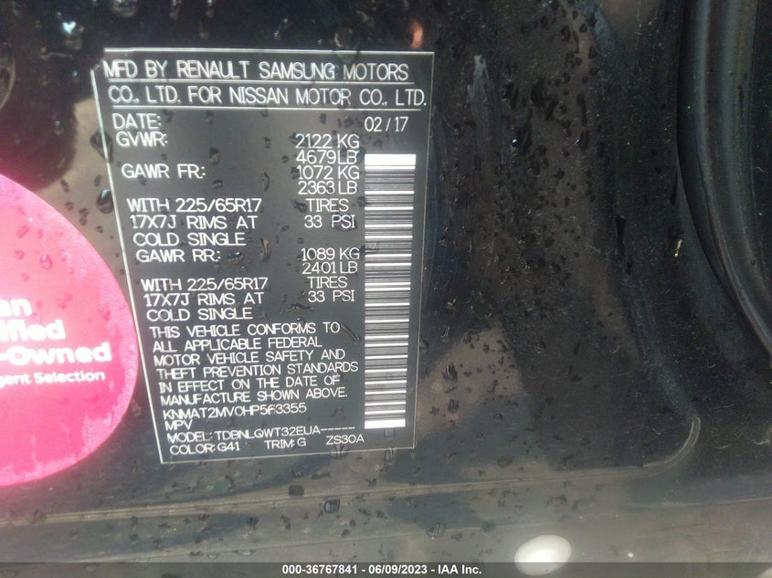 VIN KNMAT2MV0HP563355 2017 NISSAN ROGUE SV