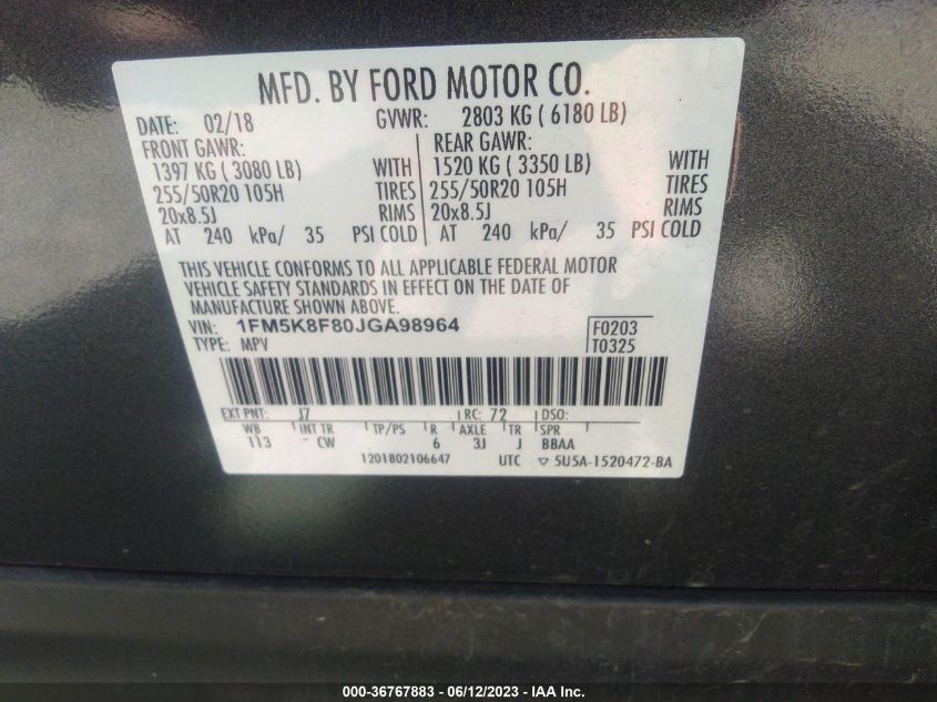 2018 FORD EXPLORER LIMITED - 1FM5K8F80JGA98964