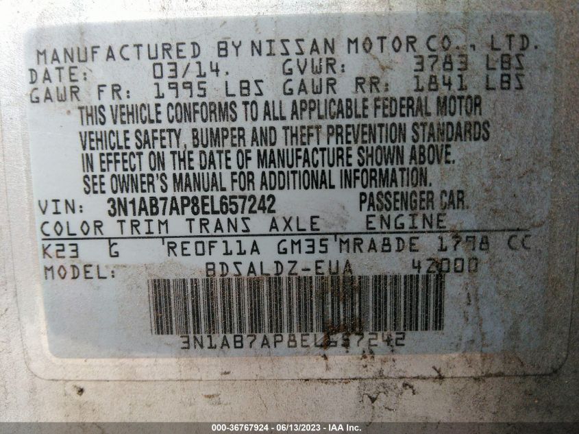 2014 NISSAN SENTRA SV - 3N1AB7AP8EL657242