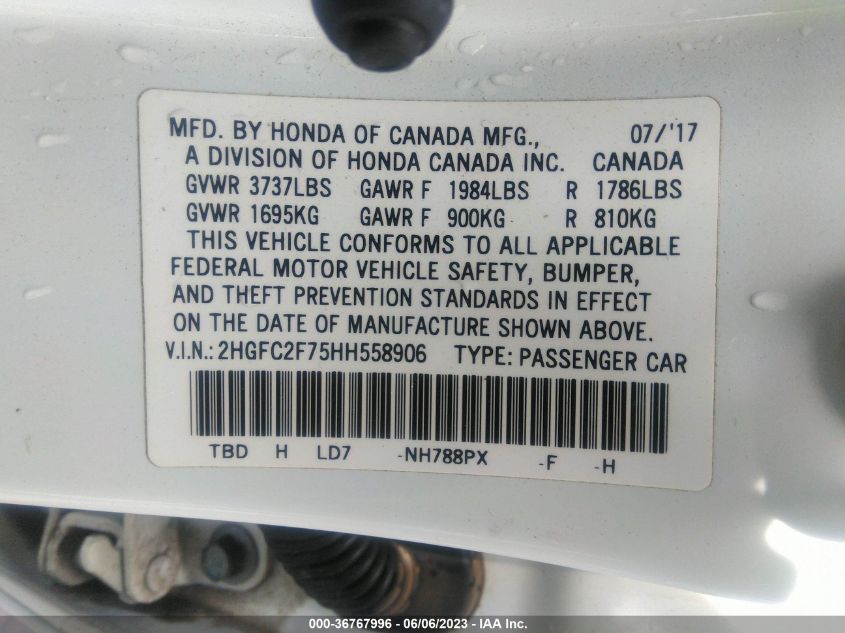 2017 HONDA CIVIC SEDAN EX - 2HGFC2F75HH558906