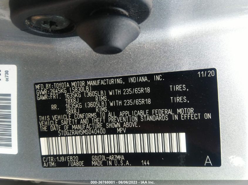 2021 TOYOTA HIGHLANDER XLE - 5TDGZRAH5MS040400
