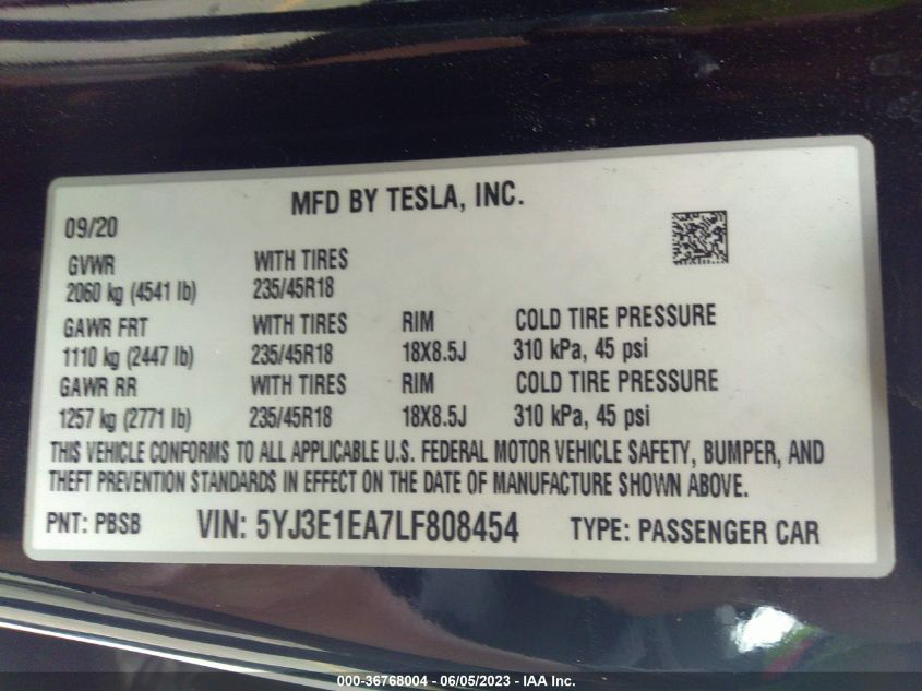 2020 TESLA MODEL 3 - 5YJ3E1EA7LF808454