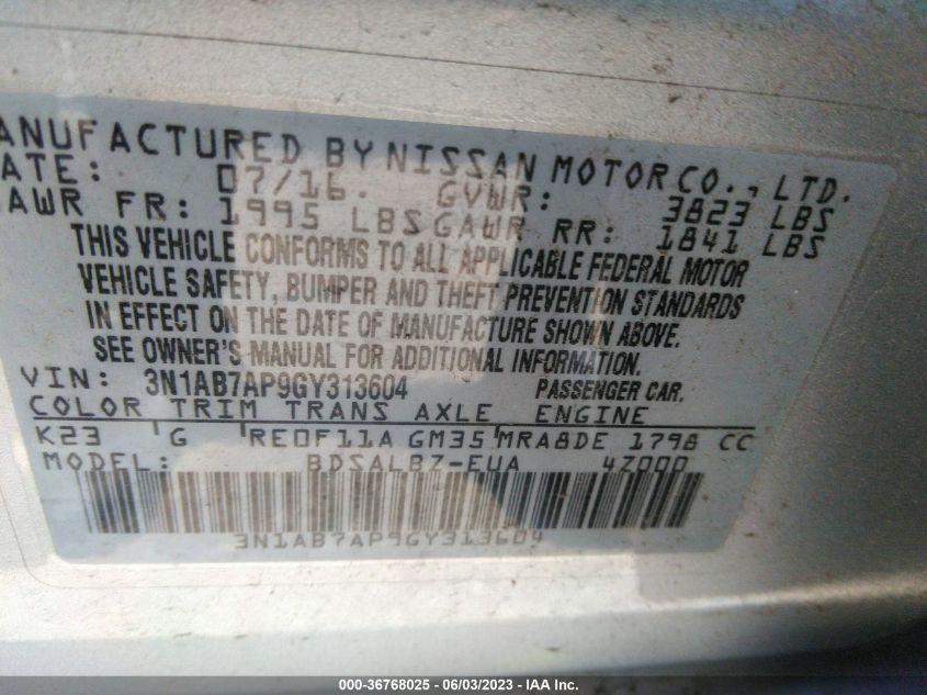 2016 NISSAN SENTRA S - 3N1AB7AP9GY313604