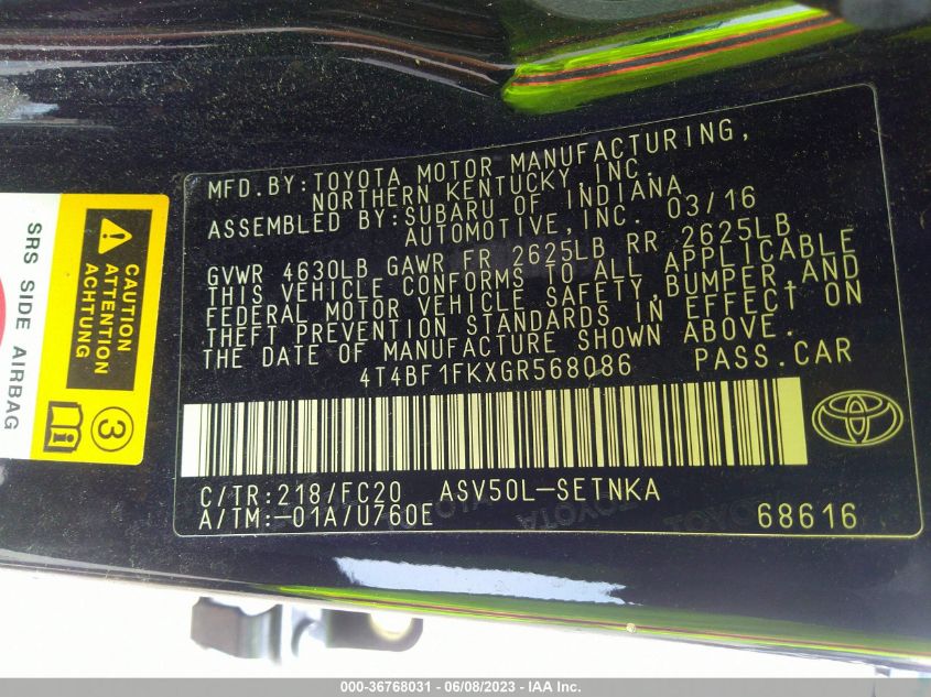 2016 TOYOTA CAMRY LE/XLE/SE/XSE - 4T4BF1FKXGR568086