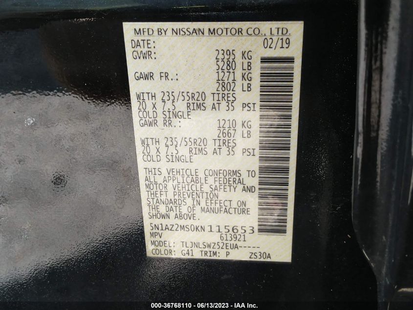 2019 NISSAN MURANO PLATINUM - 5N1AZ2MS0KN115653