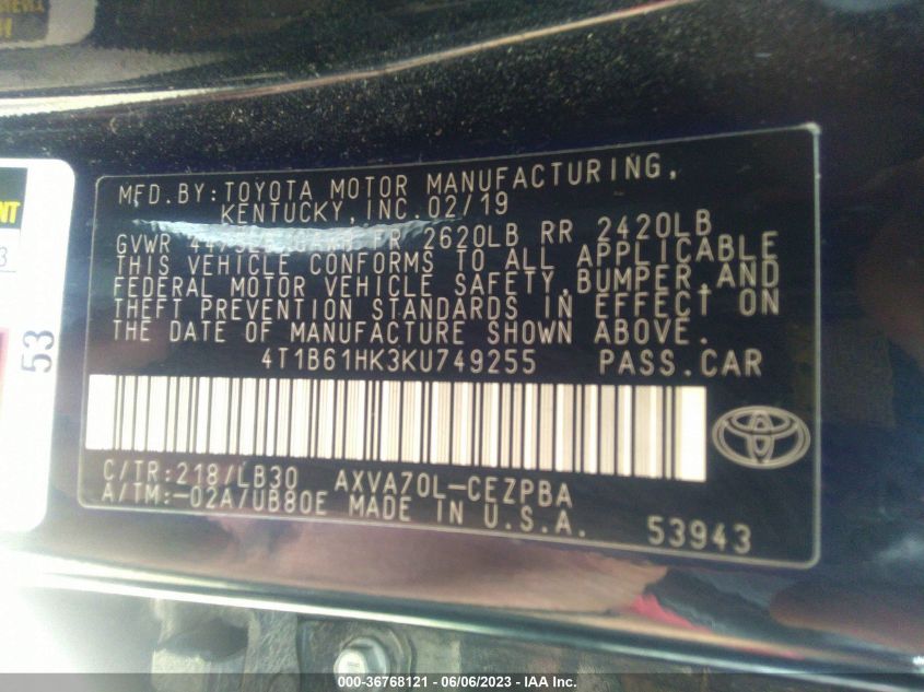 2019 TOYOTA CAMRY XSE - 4T1B61HK3KU749255