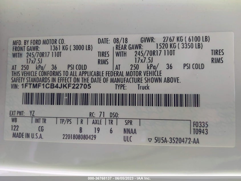 VIN 1FTMF1CB4JKF22705 2018 FORD F-150 XL/XLT