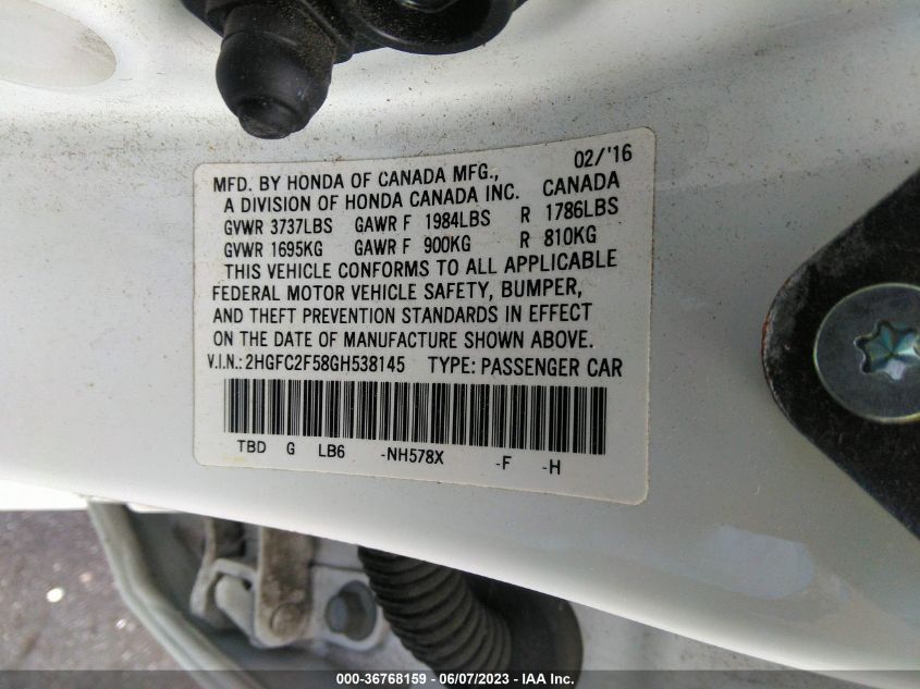 2016 HONDA CIVIC SEDAN LX - 2HGFC2F58GH538145