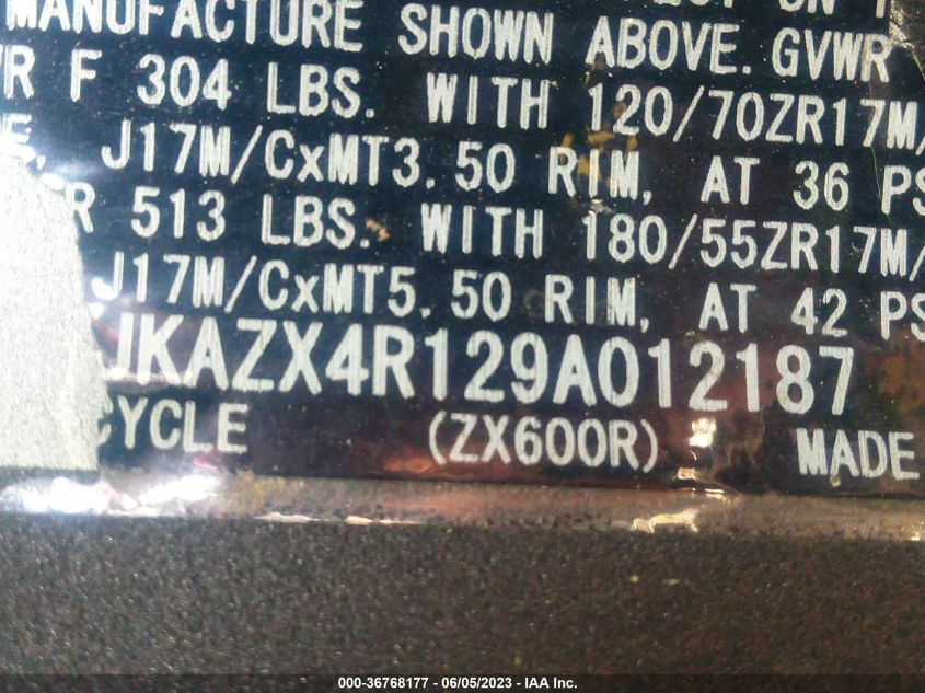 2009 KAWASAKI ZX600 R - JKAZX4R129A012187
